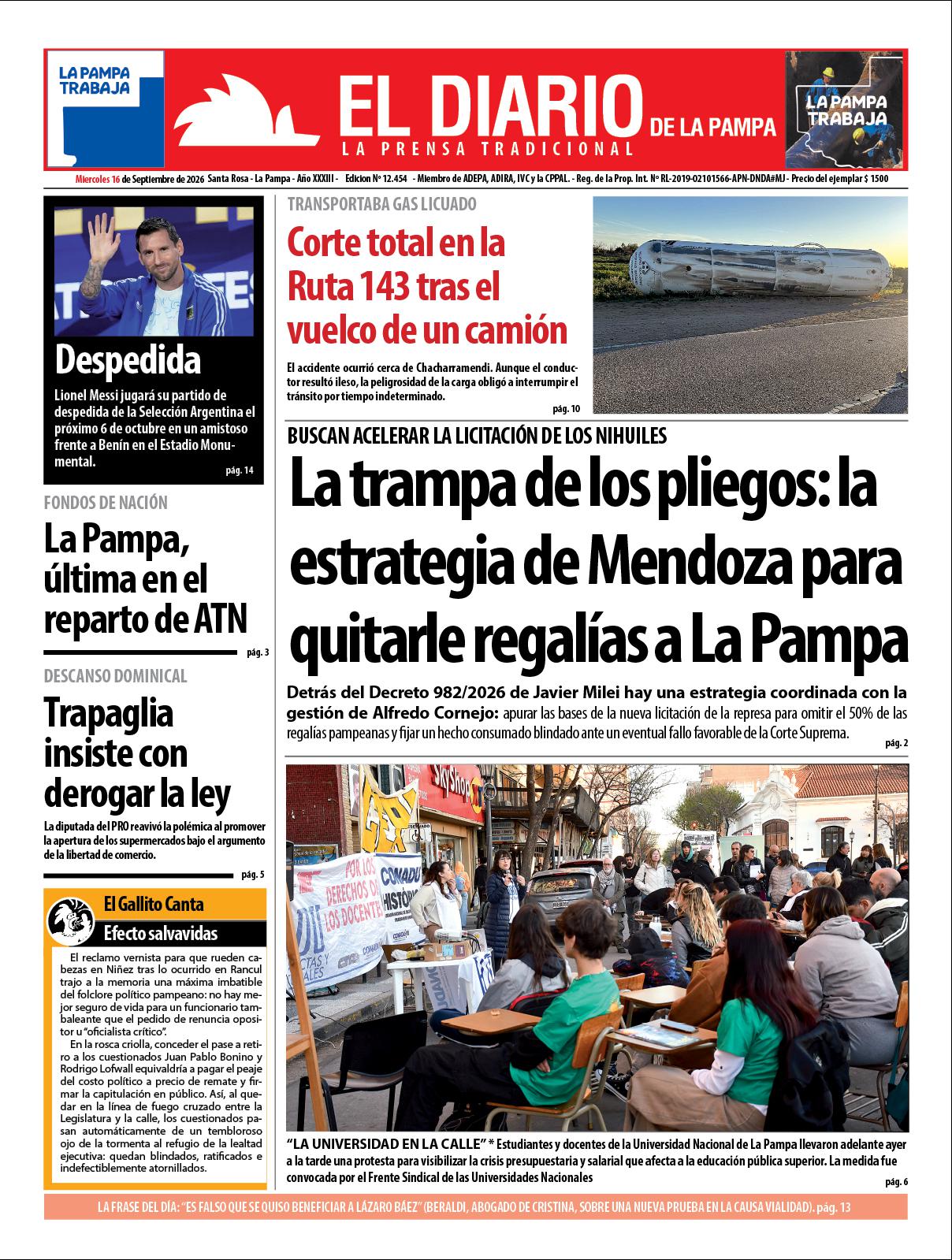 Tapa de El Diario en papel  mieacutercoles 16 de septiembre de 2026